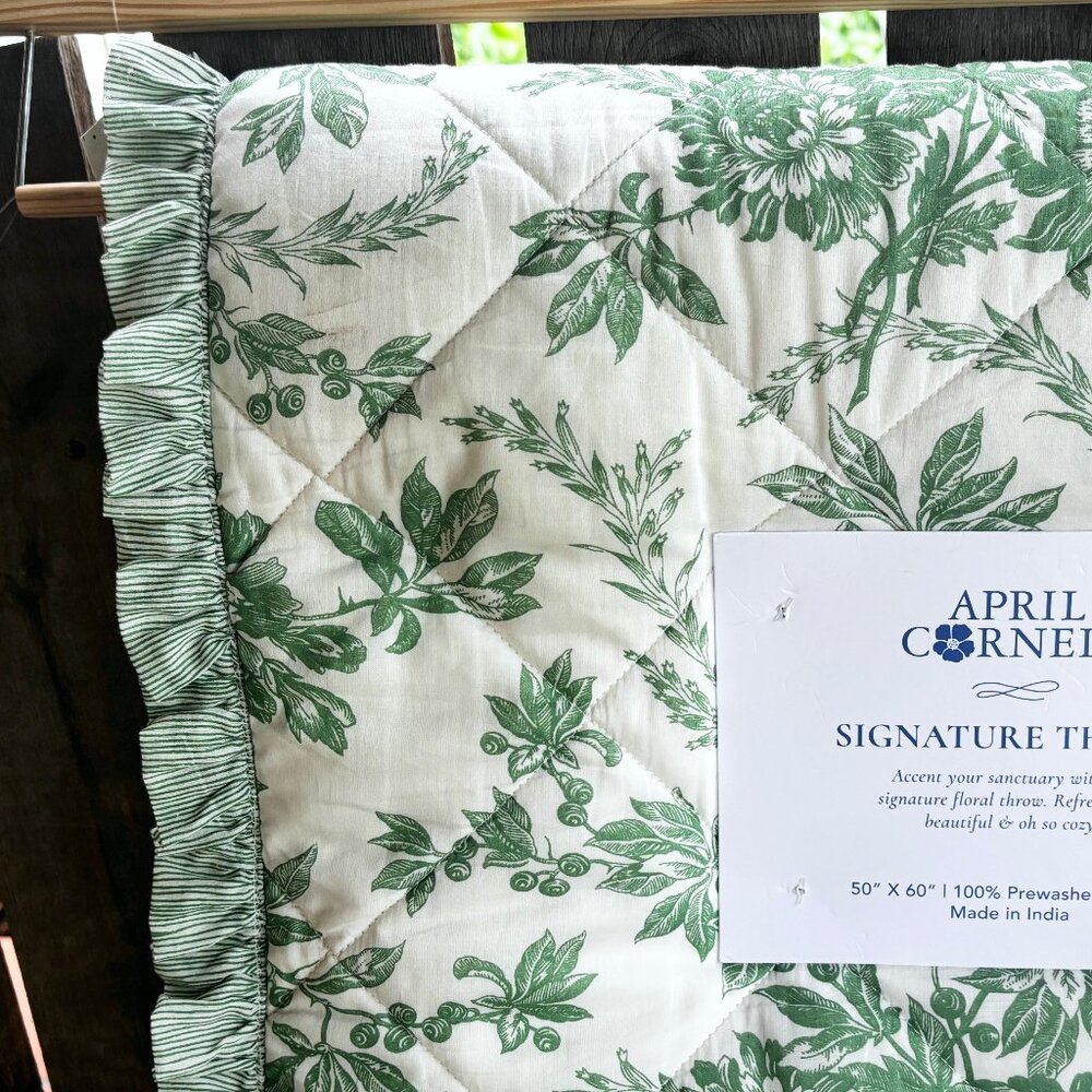 April Cornell Signature Cotton Floral Throw - Quilted Ruffled Edge (50" X 60")